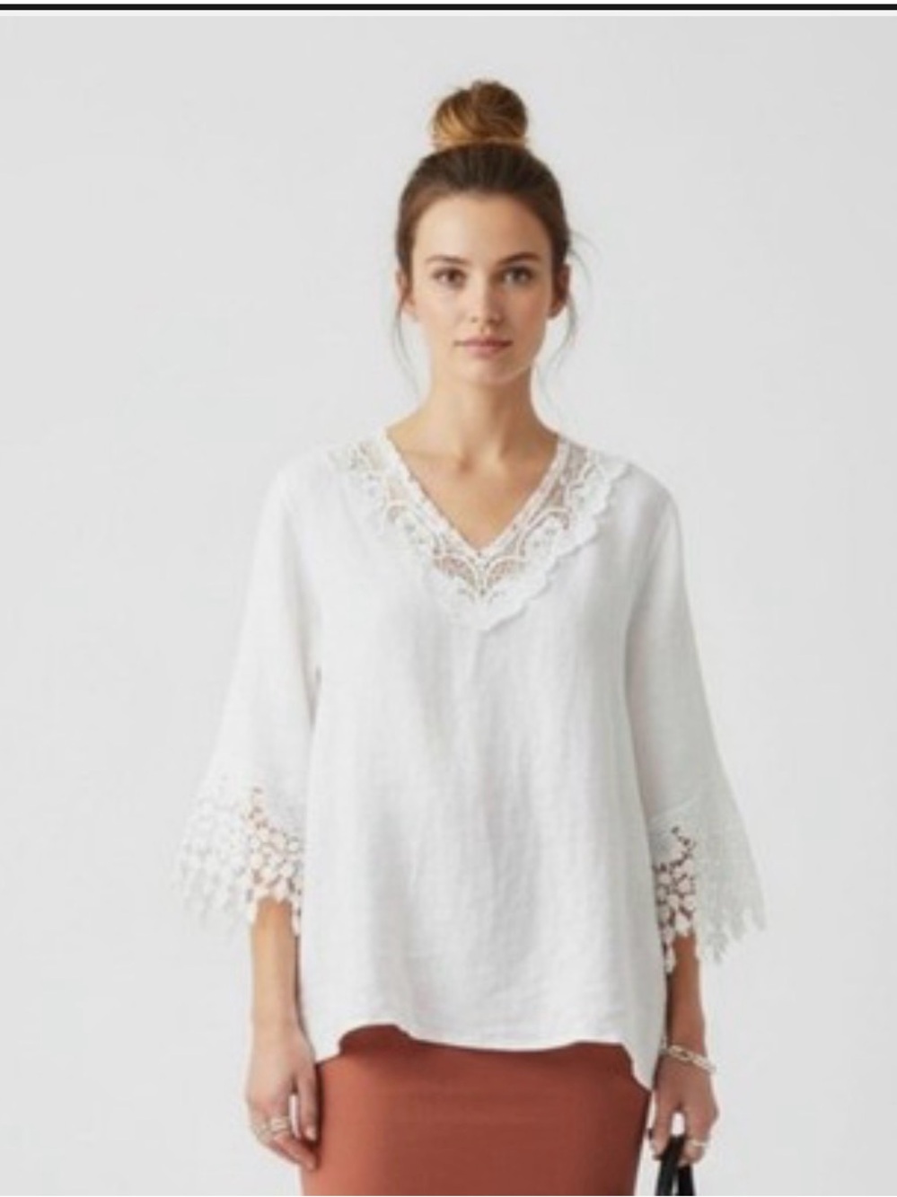 White Lace Yoke Tie-Front Linen Tunic from Italy